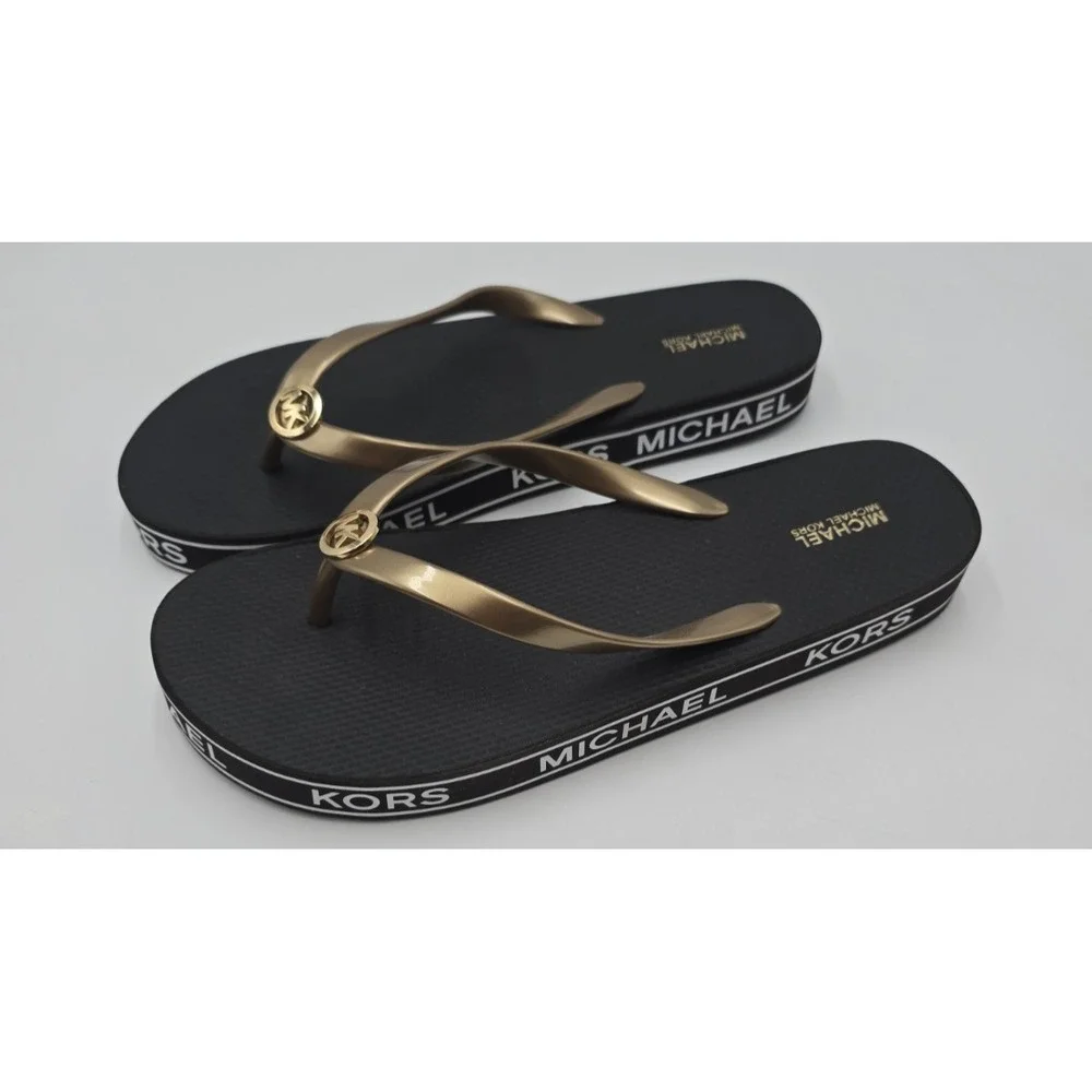 MICHAEL KORS Graphic Flip-Flop Sandals Slide On Thong Size 38 Brown Gold